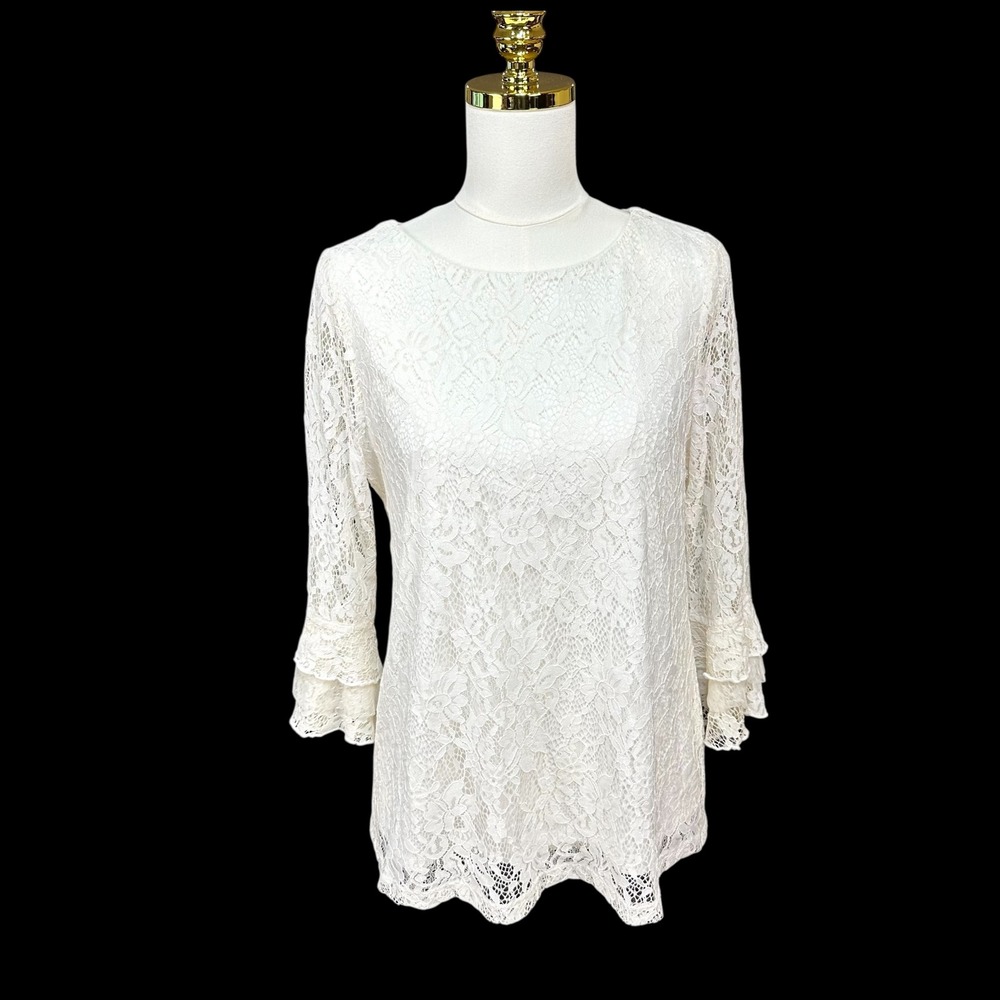 ELLE Womens White Floral Lace 3/4 Tiered Ruffle Sleeve Blouse Top Size M